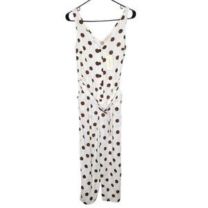 Monteau Los Angeles Polka Dot Sleeveless Jumpsuit Belt S Rayon Linen Cream Brown
